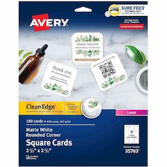 Avery&reg; Clean Edge Square Cards, Rounded Corners, 2.5" x 2.5" (35703) - 145 Brightness - A4 - 8 1/2" x 11" - 91 lb Basis Weight - 247 g/m² Grammage - Matte - Printable, Rounded Corner, Die-cut