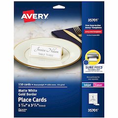 Avery&reg; Place Cards, 1-7/16" x 3-3/4" , Gold Border, 150 Cards (35701) - 97 Brightness - Letter - 8 1/2" x 11" - 65 lb Basis Weight - 176 g/m² Grammage - Matte - Perforated, Print-to-the-edge,