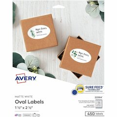 Avery&reg; Printable Oval Labels, 1.5" x 2.5" , White, 450 Labels (22564) - x 1 1/2" Width x 2 1/2" Length - Permanent Adhesive - Oval - Laser, Inkjet - Matte - White - Paper - 18 / Sheet - 25 Total S