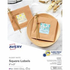 Avery&reg; Printable Square Labels, 2" x 2" , White, 120 Labels (22565) - Waterproof - x 2" Width x 2" Length - Permanent Adhesive - Square - Inkjet, Laser - Glossy - White - Paper - 12 / Sheet - 10 T