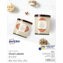 Avery Printable Oval Labels, 2" x 3-1/3" , White, 200 Labels (22570) - x 2" Width x 3 21/64" Length - Permanent Adhesive - Oval - Laser, Inkjet - Matte - White - Paper - 8 / Sheet - 25 Total Sheets - 