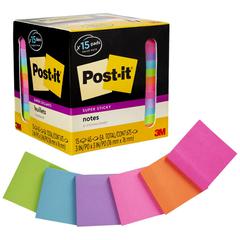 Post-it&reg; Super Sticky Notes - 15 - 3" Flag/Note Width x 3" Flag/Note Length - Square - 45 Sheets per Pad - Neon Orange, Tropical Pink, Power Pink, Iris, Blue Paradise, Neon Green Limeade - Adhesiv