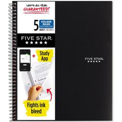 Five Star Notebook - 5 Subject(s) - 200 Sheets - Wire Bound - College Ruled - 3 Hole(s) - Letter - 8 1/2" x 11" - Black Cover - Bleed Resistant, Pocket, Perforated, Water Resistant, Spiral Lock, Acid-