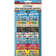 Non-Magnetic Mini Whiteboard Erasers, Happy Birthday, Pack of 16