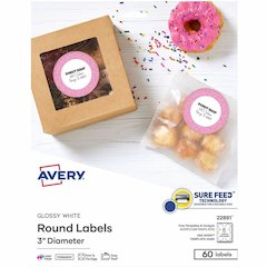 Avery&reg; Glossy White Labels, 3" Round, 60 Labels (22891) - x 3" Diameter - Permanent Adhesive - Round - Glossy - White - Paper - 6 / Sheet - 10 Total Sheets - 60 Total Label(s) - For Label Printer 