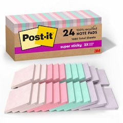 Post-it&reg; Recycled Super Sticky Notes - 70 - 3" Flag/Note Width x 3" Flag/Note Length - Square - 70 Sheets per Pad - Wanderlust Pastels - Adhesive - Recycled - 24 / Pack
