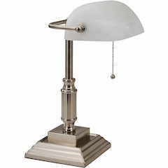 Victory Light Banker's Brass Desk Lamp - 14.8" Height x 6.5" Width - 10 W LED Bulb - Brushed Nickel - Rotating Glass Shade, Hanging Chain - Metal - Desk Mountable - Nickel, White - for Desk, Bank, Off