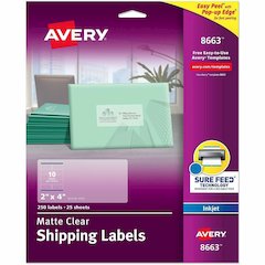 Avery Shipping Labels, Sure Feed, 2" x 4" , 100 Clear Labels (18663) - x 2" Width x 4" Length - Full Sheet - Permanent Adhesive - Rectangle - Inkjet - Matte - Clear - Film - 10 / Sheet - 25 Total Shee