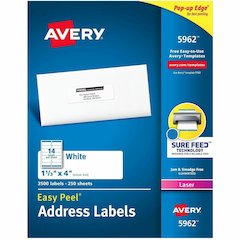 Avery&reg; Easy Peel Address Labels, 1-1/3" x 4" , 3,500 Labels (5962) - x 1 21/64" Width x 4" Length - Permanent Adhesive - Rectangle - Laser - Matte - White - Paper - 14 / Sheet - 250 Total Sheets -