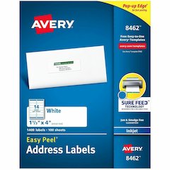 Avery&reg; Easy Peel Address Labels, 1-1/3" x 4" , 1,400 Labels (8462) - x 1 21/64" Width x 4" Length - Permanent Adhesive - Rectangle - Inkjet - Matte - White - Paper - 14 / Sheet - 100 Total Sheets 