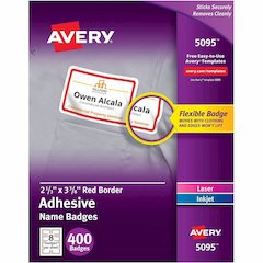 Avery&reg; Name Badge Label - 2 21/64" Width x 3 3/8" Length - Removable Adhesive - Rectangle - Inkjet, Laser - Matte - White, Red - Red Border - Film - 8 / Sheet - 50 Total Sheets - 400 Total Label(s