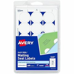 Avery&reg; Mailing Seals, Permanent, 1" Diameter, 600 Labels (5247) - Matte - Permanent Adhesive, Laminated, Moisture Resistant, Water Resistant - White - 600 / Pack