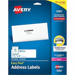 Avery&reg; Easy Peel Address Labels, 1-1/3" x 4" , 350 Labels (5262) - x 1 21/64" Width x 4" Length - Permanent Adhesive - Rectangle - Laser - Matte - White - Paper - 14 / Sheet - 25 Total Sheets - 35