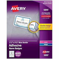 Avery&reg; Adhesive Name Badges - 2 21/64" Width x 3 3/8" Length - Removable Adhesive - Rectangle - Inkjet, Laser - Matte - White, Blue - Blue Border - Film - 8 / Sheet - 50 Total Sheets - 400 Total L
