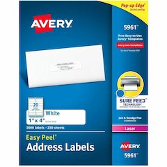 Avery&reg; Easy Peel Address Labels, 1" x 4" , 5,000 White Labels (5961) - x 1" Width x 4" Length - Permanent Adhesive - Rectangle - Laser - Matte - White - Paper - 20 / Sheet - 250 Total Sheets - 500