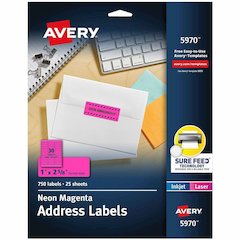 Avery&reg; Address Label - x 1" Width x 2 5/8" Length - Permanent Adhesive - Rectangle - Laser, Inkjet - Matte - Neon Magenta - Paper - 30 / Sheet - 25 Total Sheets - 750 Total Label(s) - For Label Ma