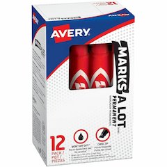 Avery&reg; Marks A Lot Permanent Markers - Red Ink - Red Plastic Barrel - 1 Dozen