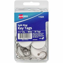 Avery&reg; 1-1/4" Metal Rim Key Tags, Split Ring, White, 50 Tags (11025) - Round - Metal, Card Stock - White - 50 / Pack