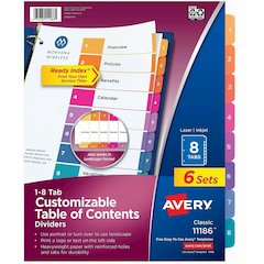 Avery Ready Index 8 Tab Dividers, Customizable TOC, 6 Sets (11186) - 48 x Divider(s) - 48 Tab(s) - Digit - 1-8 - 8 Tab(s)/Set - 8.5" Divider Width x 11" Divider Length - 3 Hole Punched - White Paper D