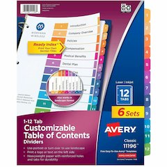 Avery Ready Index 12 Tab Dividers, Customizable TOC, 6 Sets (11196) - 72 x Divider(s) - 72 Tab(s) - Digit - 1-12 - 12 Tab(s)/Set - 8.5" Divider Width x 11" Divider Length - 3 Hole Punched - White Pape