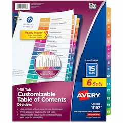 Avery Ready Index 15 Tab Dividers, Customizable TOC, 6 Sets (11197) - 90 x Divider(s) - 90 Tab(s) - Digit - 1-15 - 15 Tab(s)/Set - 8.5" Divider Width x 11" Divider Length - 3 Hole Punched - White Pape
