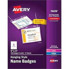 Avery Name Badges with Cords, 3" x 4" , 100 Total (74459) - Letter - 8 1/2" x 11" - Printable, Durable, Micro Perforated, PVC-free, Double-sided, Smudge-free, Flexible - White - 17 Sheets - 6 - 100 / 