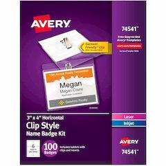 Avery&reg; Clip-Style Name Badges - 4" x 3" - Clip - White, Clear - 1 Box