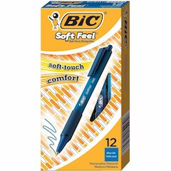 BIC SoftFeel Retractable Ball Pens - Medium Pen Point - Retractable - Blue - Blue Rubber Barrel - 1 Dozen