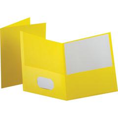 Oxford Letter Yes Pocket Folder - 8 1/2" x 11" - 100 Sheets Capacity - 2 Internal Pocket - Leatherette - Yellow - Turned Edge - 10% Recycled - 25 / Box