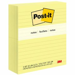 Post-it&reg; Original Lined Notes, Canary Yellow, 3" x 5" , 100 Sheets/Pad, 12 Pads/PK - 1200 x Canary Yellow - 3" Flag/Note Width x 5" Flag/Note Length - Rectangle - 100 Sheets per Pad - Ruled - Cana