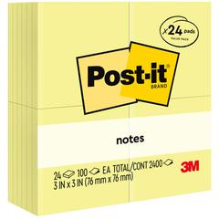 Post-it&reg; Notes Value Pack - 100 - 3" Flag/Note Width x 3" Flag/Note Length - Square - Unruled - Canary - Self-adhesive - 24 / Pack