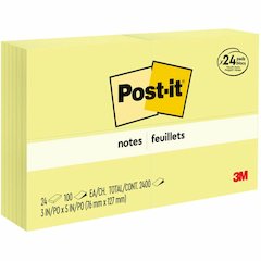 Post-it&reg; Notes Value Pack - 100 - 3" Flag/Note Width x 5" Flag/Note Length - Rectangle - Unruled - Canary - Self-adhesive - 24 / Pack