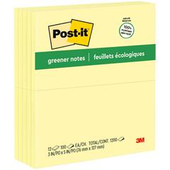 Post-it&reg; Greener Notes - 1200 - 3" Flag/Note Width x 5" Flag/Note Length - Rectangle - 100 Sheets per Pad - Unruled - Canary Yellow - Paper - Self-adhesive, Repositionable - Recycled - 1 Pack