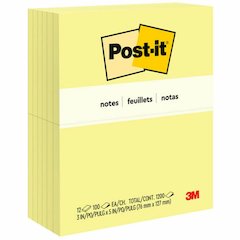 Post-it&reg; Notes Original Notepads - 3" Flag/Note Width x 5" Flag/Note Length - Rectangle - 100 Sheets per Pad - Unruled - Canary Yellow - Paper - Self-adhesive, Repositionable - No - 12 / Pack