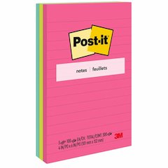 Post-it&reg; Lined Notes - Poptimistic Color Collection - 300 - 4" Flag/Note Width x 6" Flag/Note Length - Rectangle - 100 Sheets per Pad - Ruled - Power Pink, Neon Green, Aqua - Paper - Self-adhesive