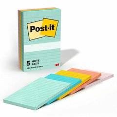 Post-it&reg; Lined Notes - Beachside Caf&eacute; Color Collection - 500 x Assorted Pastel - 4" Flag/Note Width x 6" Flag/Note Length - Rectangle - 100 Sheets per Pad - Ruled - Fresh Mint, Aqua Splash,