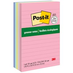 Post-it&reg; Greener Lined Notes - Sweet Sprinkles Color Collection - 500 x Assorted - 4" Flag/Note Width x 6" Flag/Note Length - Rectangle - 100 Sheets per Pad - Ruled - Positively Pink, Canary Yello