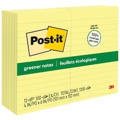 Post-it&reg; Greener Notes - 1200 - 4" Flag/Note Width x 6" Flag/Note Length - Rectangle - 100 Sheets per Pad - Ruled - Canary Yellow - Paper - Self-adhesive, Repositionable - Recycled - 1 Pack