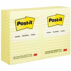 Post-it&reg; Notes Original Lined Notepads - 100 - 4" Flag/Note Width x 6" Flag/Note Length - Rectangle - 100 Sheets per Pad - Ruled - Canary Yellow - Paper - Self-adhesive, Repositionable - 12 / Pack