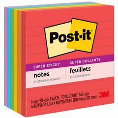 Post-it&reg; Super Sticky Lined Notes - Playful Primaries Color Collection - 540 - 4" x 4" - Square - 90 Sheets per Pad - Ruled - Candy Apple Red, Vital Orange, Lucky Green, Sunnyside, Blue Paradise, 