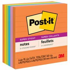 Post-it&reg; Super Sticky Lined Notes - Energy Boost Color Collection - 540 - 4" x 4" - Square - 90 Sheets per Pad - Ruled - Vital Orange, Tropical Pink, Blue Paradise, Limeade, Sunnyside - Paper - Se