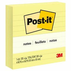 Post-it&reg; Lined Notes - 300 - 4" Flag/Note Width x 4" Flag/Note Length - Square - 300 Sheets per Pad - Ruled - Canary Yellow - Paper - Recyclable - 1 Pad
