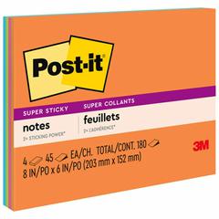 Post-it&reg; Super Sticky Notes - Energy Boost Color Collection - 180 - 6" x 8" - Rectangle - 45 Sheets per Pad - Unruled - Vital Orange, Tropical Pink, Limeade, Blue Paradise - Paper Fibre - Self-adh