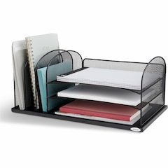 Safco Onyx 3 Tray/3 Upright Section Desk Organizer - 5 Compartment(s) - 8.25" Height x 19.50" Width x 11.50" Depth - Desktop - Powder Coated - Black - Steel - 1 Each