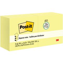 Post-it&reg; Greener Dispenser Notes - 1200 - 3" x 3" - Square - 100 Sheets per Pad - Unruled - Yellow - Paper - Self-adhesive, Repositionable, Non-smearing - 12 / Pack - Recycled