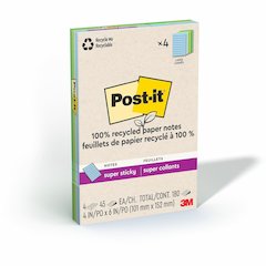 Post-it&reg; Super Sticky Adhesive Note - 180 - 4" Flag/Note Width x 6" Flag/Note Length - 45 Sheets per Pad - Assorted Oasis - Removable, Repositionable, Recyclable - Recycled - 4 / Pack