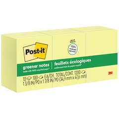 Post-it&reg; Greener Notes - 1200 - 1 1/2" Flag/Note Width x 2" Flag/Note Length - Rectangle - 100 Sheets per Pad - Unruled - Yellow - Paper - Self-adhesive, Repositionable - Recycled - 1 Pack