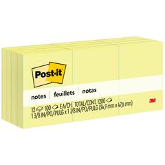 Post-it&reg; Notes Original Notepads - 1 3/8" x 1 7/8" - Rectangle - 100 Sheets per Pad - Unruled - Canary Yellow - Paper - Self-adhesive, Repositionable - 12 / Pack