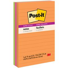 Post-it&reg; Super Sticky Notes - Energy Boost Color Collection - 270 x Assorted - 4" x 6" - Rectangle - 90 Sheets per Pad - Ruled - Orange, Pink, Green - Paper - Self-adhesive, Recyclable - 3 / Pack