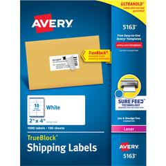 Avery&reg; Shipping Labels, Sure Feed, 2" x 4" 1,000 White Labels (5163) - 2" Width x 4" Length - Permanent Adhesive - Rectangle - Laser - White - Paper - 10 / Sheet - 100 Total Sheets - 1000 Total La